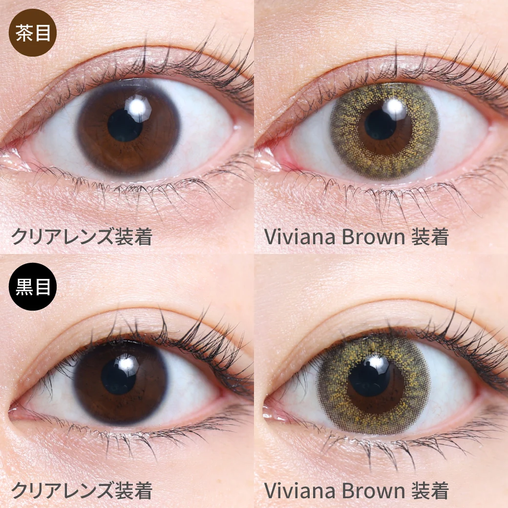 ヴィヴィアナブラウン茶目黒目着用画像 黒目と馴染むグレーふちで存在感のある大人系ハーフEYEに｜カラコン ワンデー