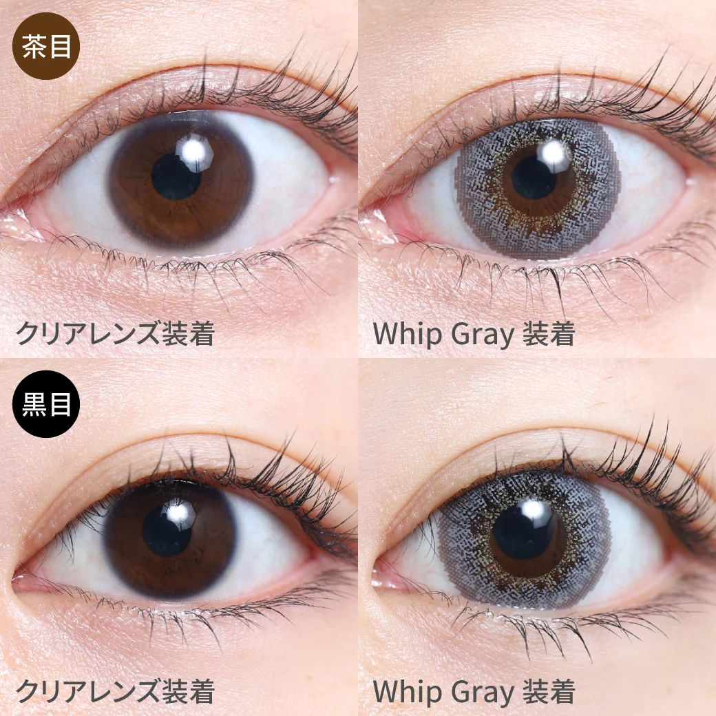 Whip Gray ホイップグレー茶目黒目着用着画 ブラウンのフチで瞳に馴染み 透明感あるグレーカラーはクールな印象を持ち 上品で大人っぽいハーフEYEに