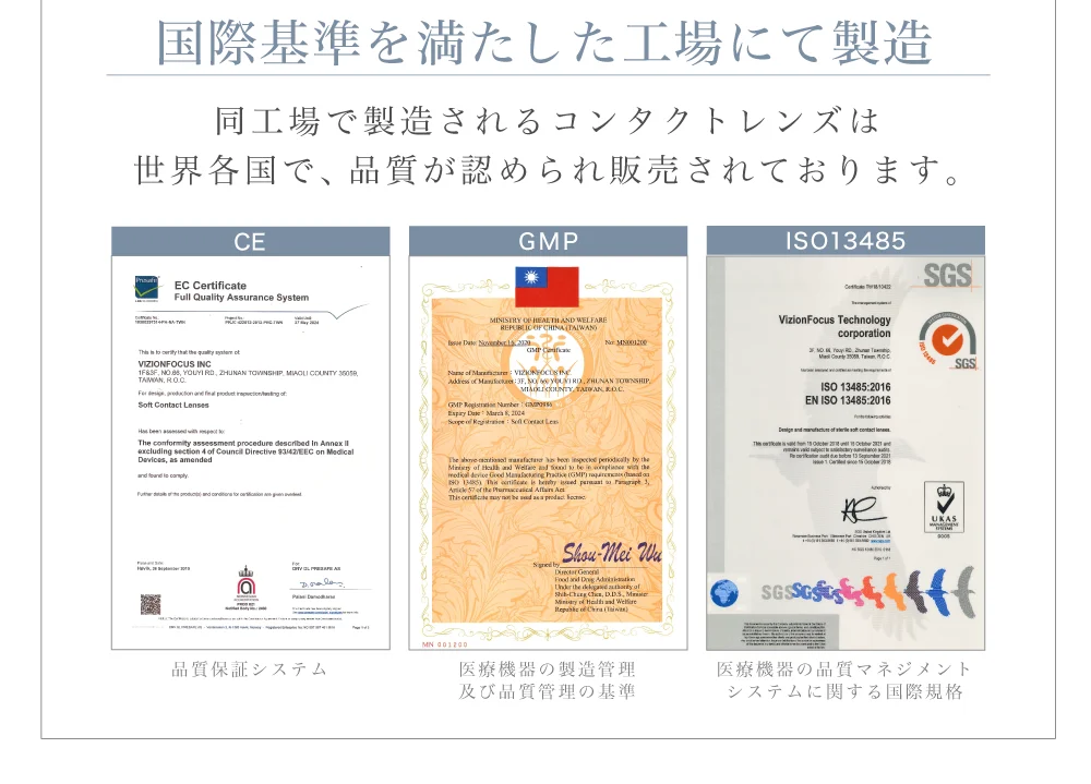 国際基準を満たした工場にて製造)同工場で製造されるコンタクトレンズは世界各国で、品質が認められ販売されております。